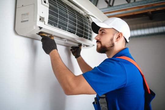 HVAC technician installing a mini split air conditioner in Beverly Hills