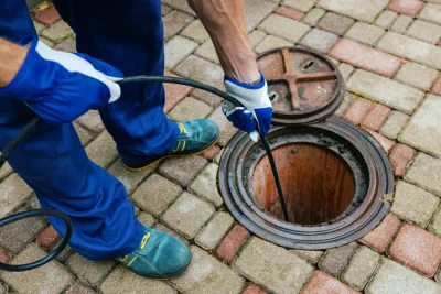 Plumber cleaning an outdoor sewer drain in Beverly Hills