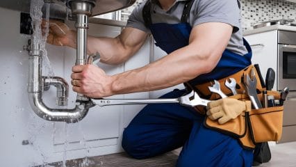 Plumber repairing pipes beneath a sink in Beverly Hills